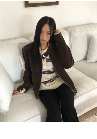 Cuff Stripe Color Block Collar Loose-fit Long Sleeve Knitwear