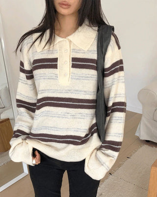 Cuff Stripe Color Block Collar Loose-fit Long Sleeve Knitwear
