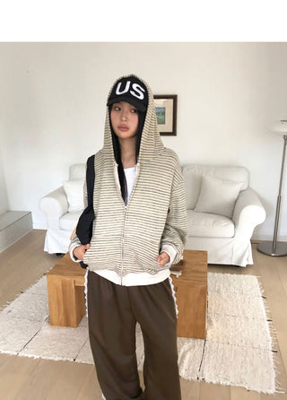 Bima Stripe Pocket Loose-fit Long Sleeve Hooded Zip-Up