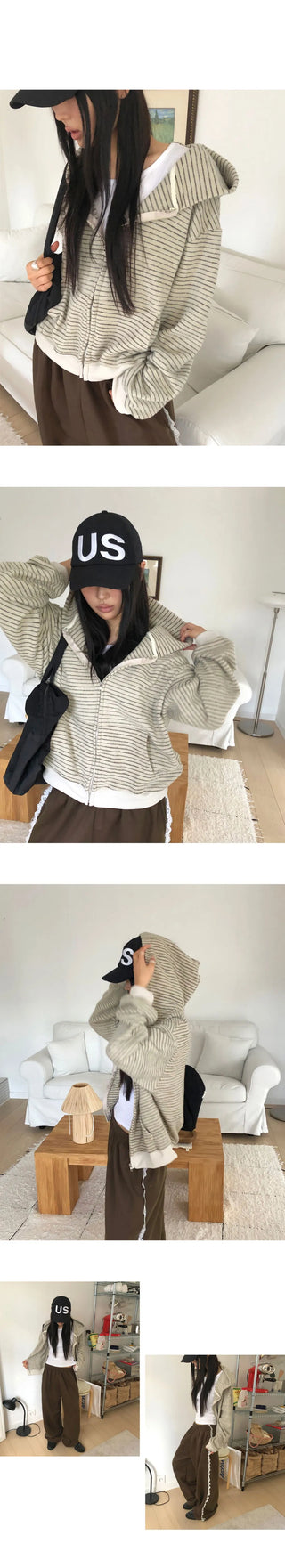 Bima Stripe Pocket Loose-fit Long Sleeve Hooded Zip-Up
