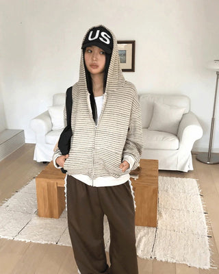 Bima Stripe Pocket Loose-fit Long Sleeve Hooded Zip-Up