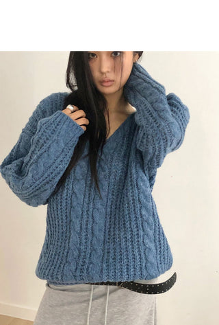 Dames Twisted V-Neck Loose-fit long-sleeved long knitwear