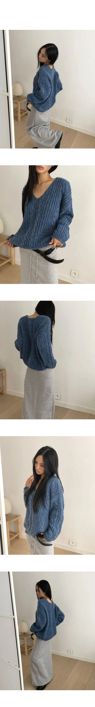 Dames Twisted V-Neck Loose-fit long-sleeved long knitwear