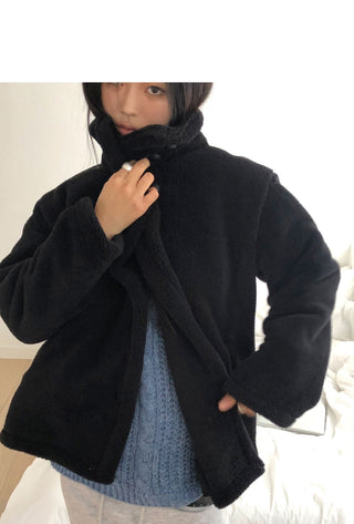 Hacking high-neck button-down fleece fur loose Loose-fit Jacket
