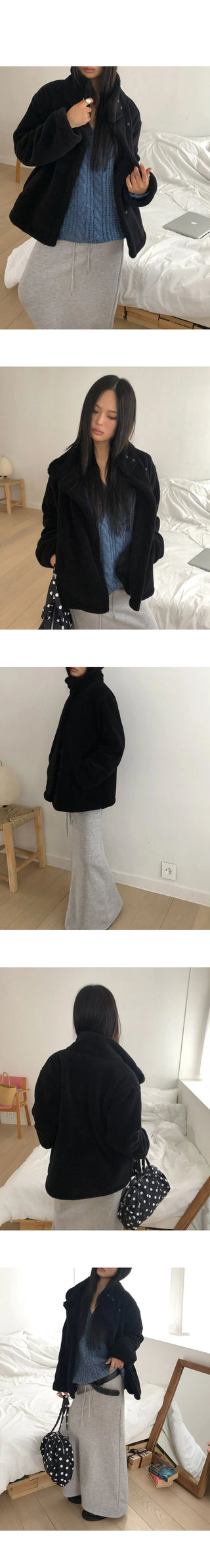Hacking high-neck button-down fleece fur loose Loose-fit Jacket
