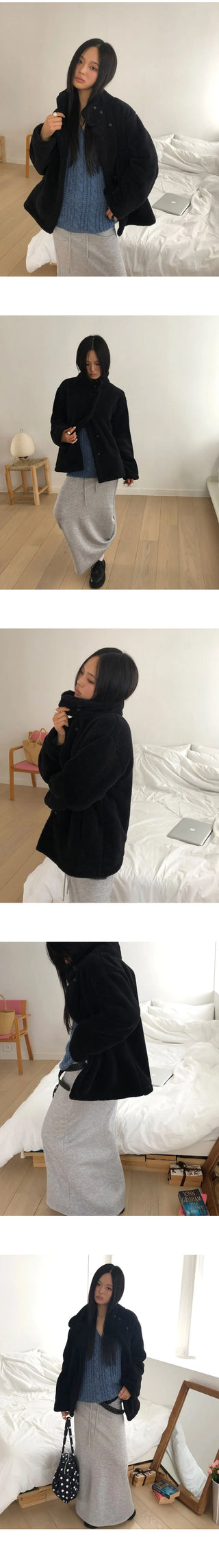Hacking high-neck button-down fleece fur loose Loose-fit Jacket