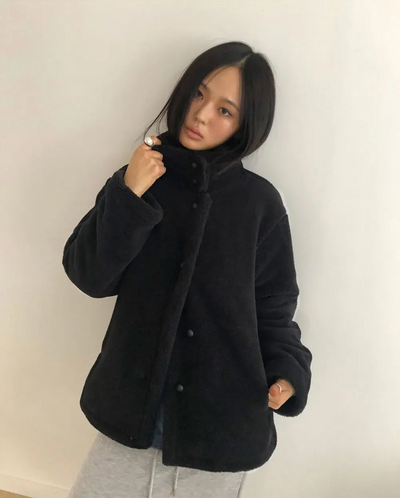 Hacking high-neck button-down fleece fur loose Loose-fit Jacket