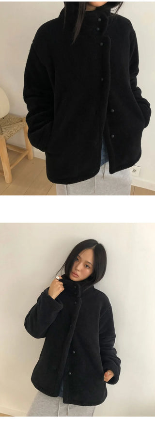 Hacking high-neck button-down fleece fur loose Loose-fit Jacket