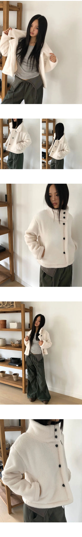 Hacking high-neck button-down fleece fur loose Loose-fit Jacket