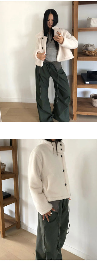 Hacking high-neck button-down fleece fur loose Loose-fit Jacket