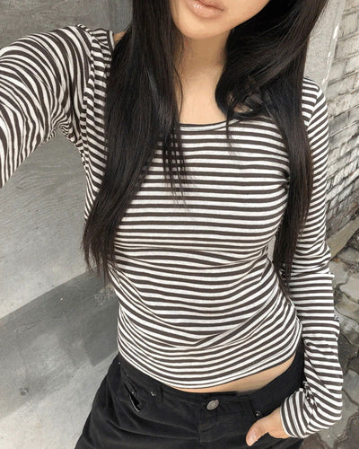 Yvonne Stripe Round Neck Slim Fit Long Sleeve T-Shirt