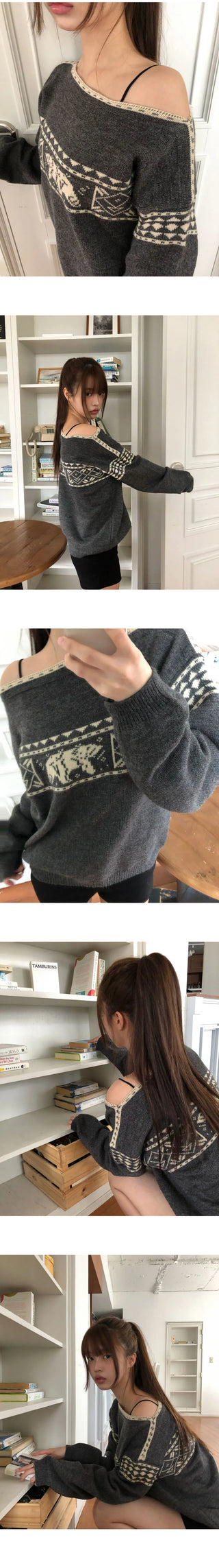 Irum Nordic One-Off-Shoulder Loose-fit Long-Sleeve Knitwear