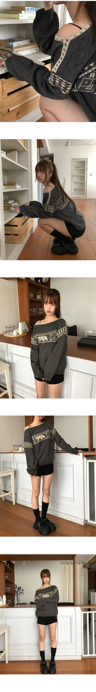Irum Nordic One-Off-Shoulder Loose-fit Long-Sleeve Knitwear