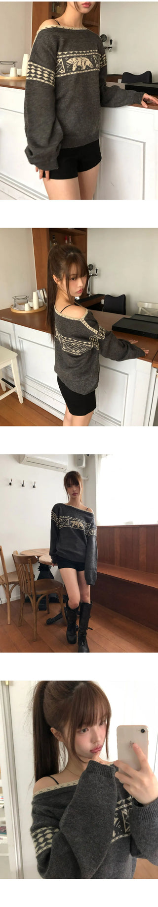 Irum Nordic One-Off-Shoulder Loose-fit Long-Sleeve Knitwear
