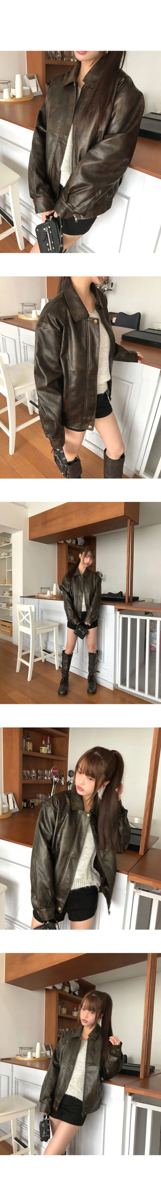 Minting Faded Split Collar Loose-fit Leather Jacket