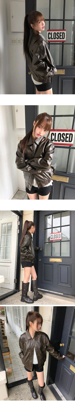 Minting Faded Split Collar Loose-fit Leather Jacket