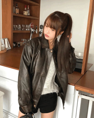Minting Faded Split Collar Loose-fit Leather Jacket