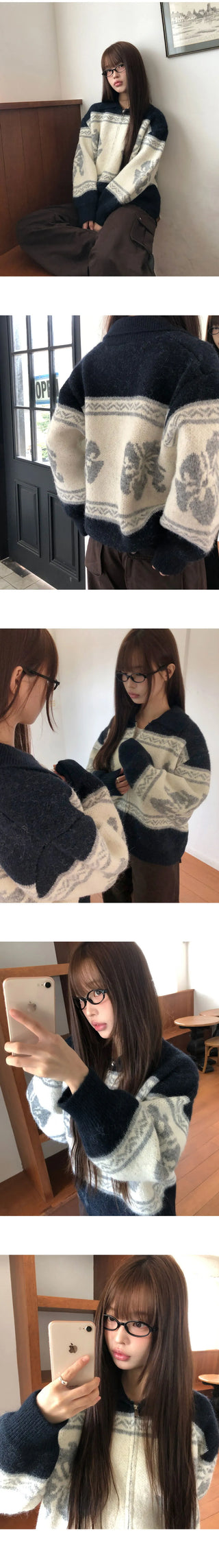 Mli Nordic Collar Loose-fit Knitwear Zip-up