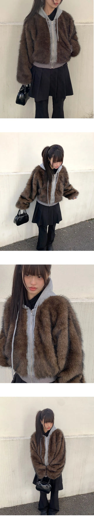 Dihi Two-Tone Fur Quilted Hooded Zip-Up Jacket