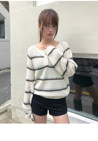 Tsen Stripe Button Henley Neck Long Sleeve Knitwear