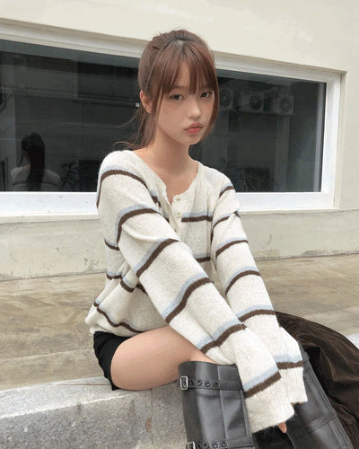 Tsen Stripe Button Henley Neck Long Sleeve Knitwear