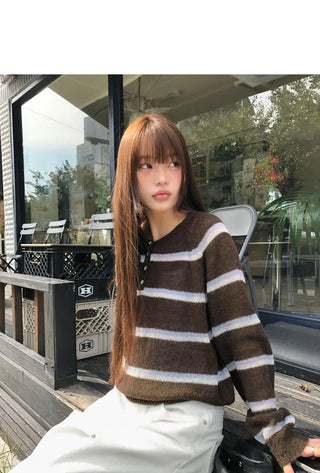 Tsen Stripe Button Henley Neck Long Sleeve Knitwear