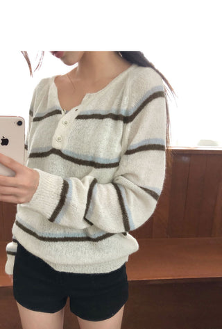 Tsen Stripe Button Henley Neck Long Sleeve Knitwear