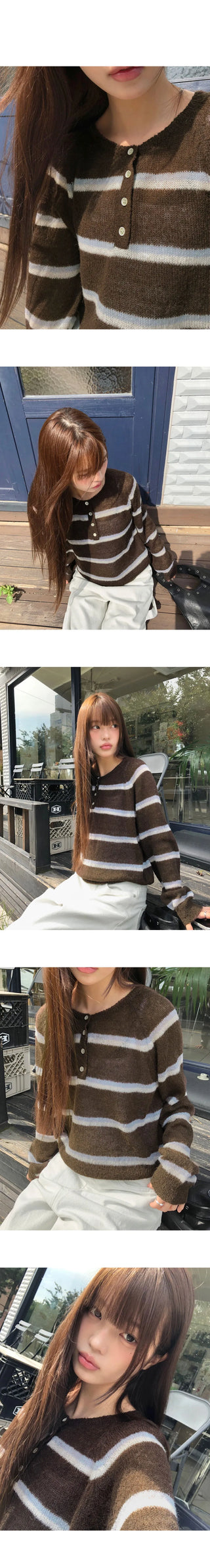 Tsen Stripe Button Henley Neck Long Sleeve Knitwear
