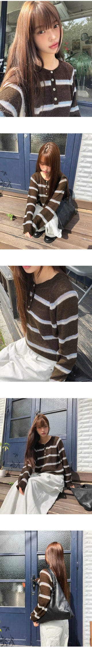 Tsen Stripe Button Henley Neck Long Sleeve Knitwear