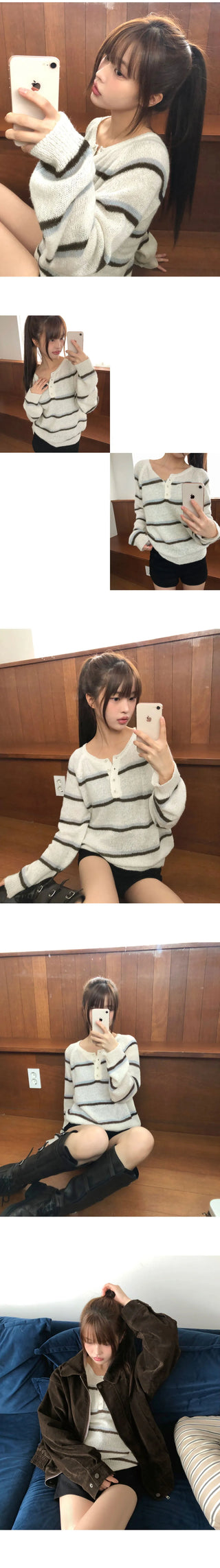 Tsen Stripe Button Henley Neck Long Sleeve Knitwear