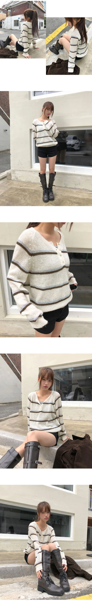Tsen Stripe Button Henley Neck Long Sleeve Knitwear
