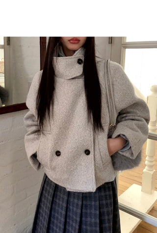 Emon Boucle Double Two-Button High-Neck Quilted Short Coat