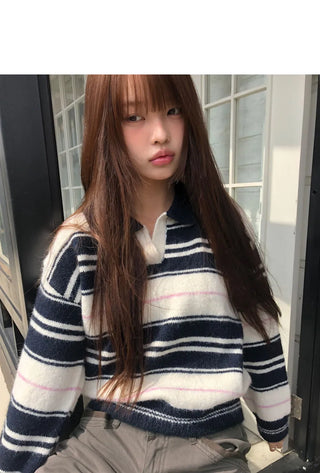 Novin Stripe Color Block Collar Long Sleeve Knitwear