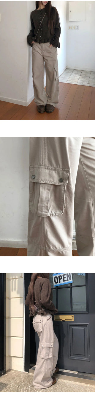 Inkku Color Block Pocket Cargo Wide Long Pants