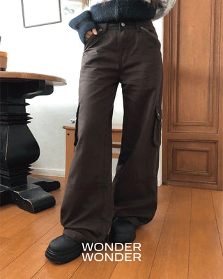 Inkku Color Block Pocket Cargo Wide Long Pants