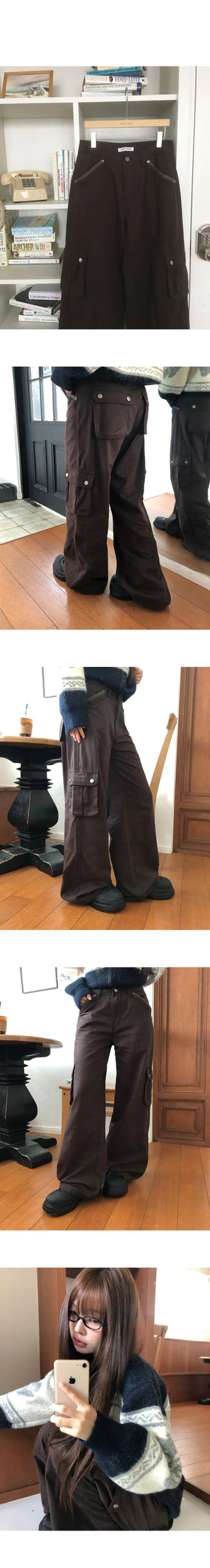 Inkku Color Block Pocket Cargo Wide Long Pants