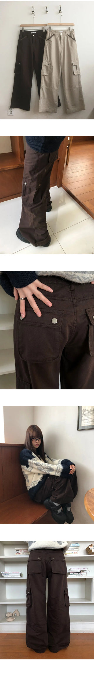 Inkku Color Block Pocket Cargo Wide Long Pants