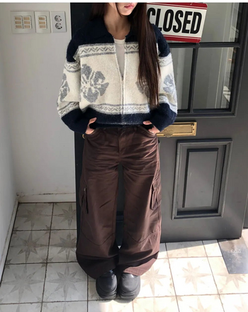 Inkku Color Block Pocket Cargo Wide Long Pants