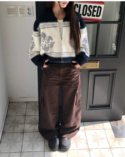 Inkku Color Block Pocket Cargo Wide Long Pants
