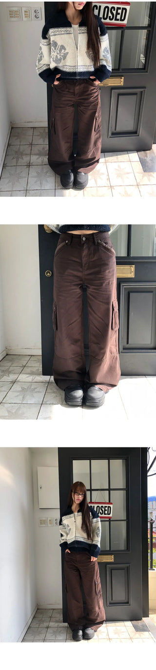 Inkku Color Block Pocket Cargo Wide Long Pants