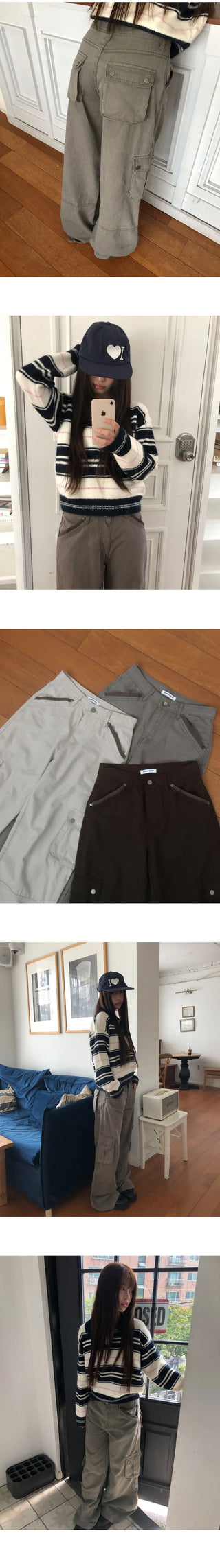 Inkku Color Block Pocket Cargo Wide Long Pants