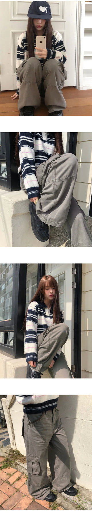 Inkku Color Block Pocket Cargo Wide Long Pants