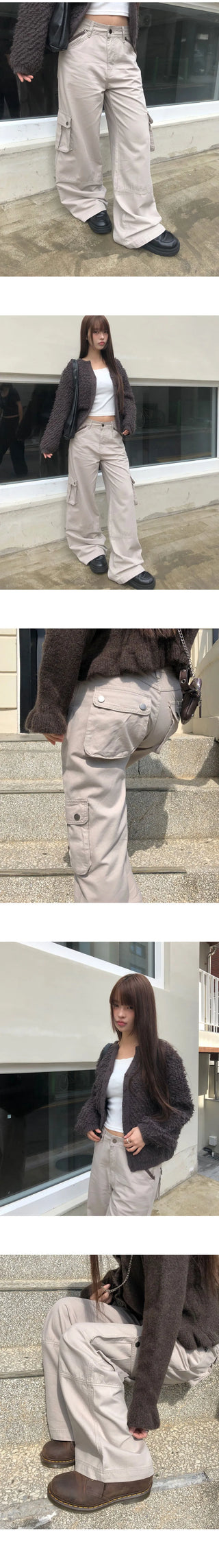 Inkku Color Block Pocket Cargo Wide Long Pants