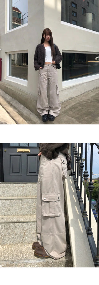 Inkku Color Block Pocket Cargo Wide Long Pants