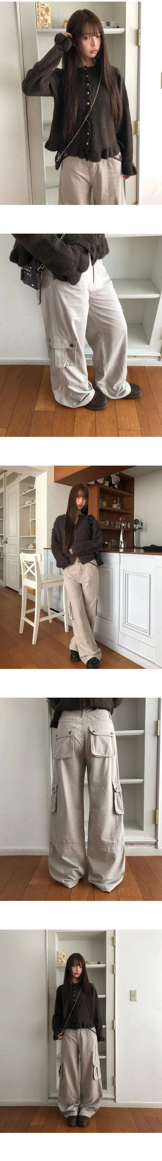 Inkku Color Block Pocket Cargo Wide Long Pants