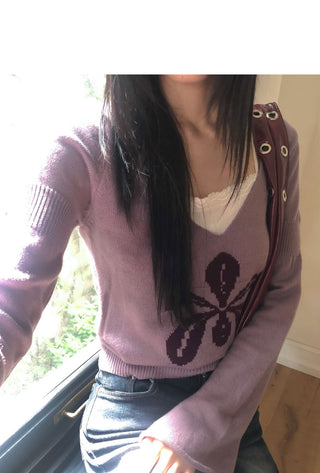 Romit Flower V-Neck Crop Long-Sleeve Knitwear