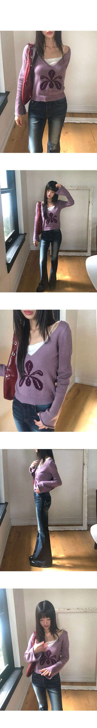 Romit Flower V-Neck Crop Long-Sleeve Knitwear