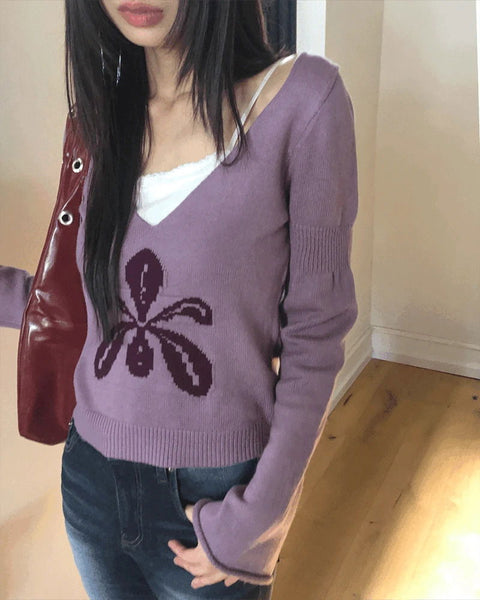 Romit Flower V-Neck Crop Long-Sleeve Knitwear