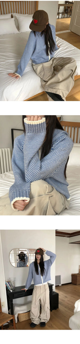 Suha Stripe Two-Way Long-Sleeve Knitwear Hooded Zip-Up