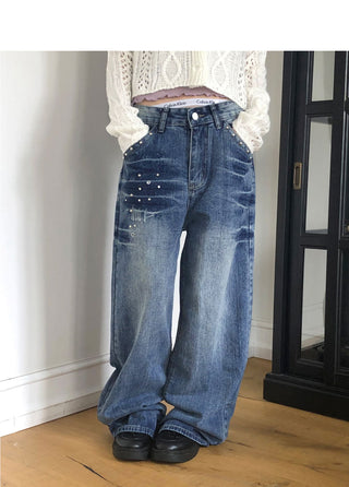 Boa Stud Eyelet Pocket Wide-Fit Faded Denim Long Pants